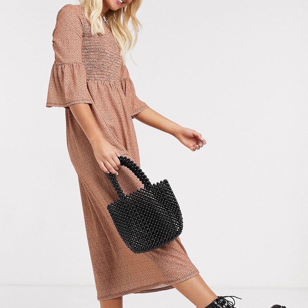 ASOS Midi Dress w Shirred Waist in Pink with Black Spot